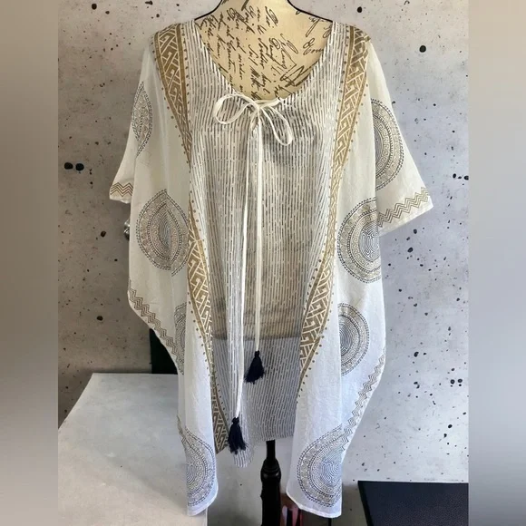 NWT Eya Collection White Tunic Gauzy Coverup, Gold & Blue Mediterranean Print - Picture 2 of 13